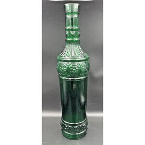 Very Pretty Emerald Green Glass Bottle With Designs Around Sides 12" tall